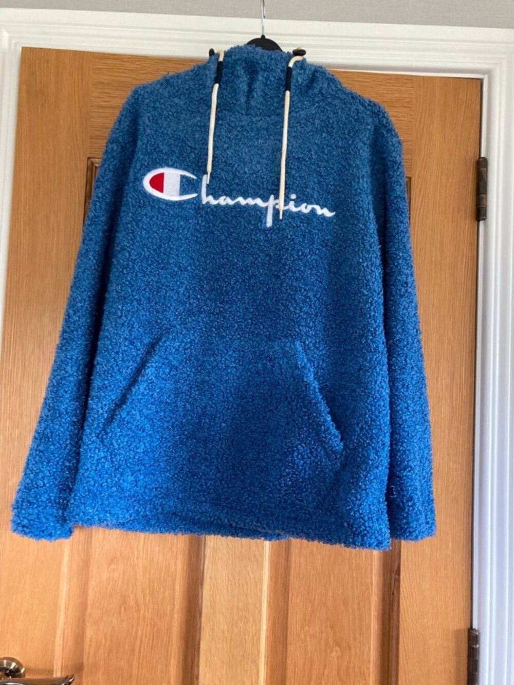 Blue Fleece Pullover Hoodie with High Collar and Kangaroo Pocket, Men’s Size S